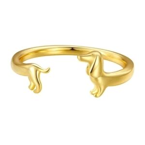 925 Sterling Silver Cute Dashuand Dog Animal Open‎ Adjustable Ring Gold Plated